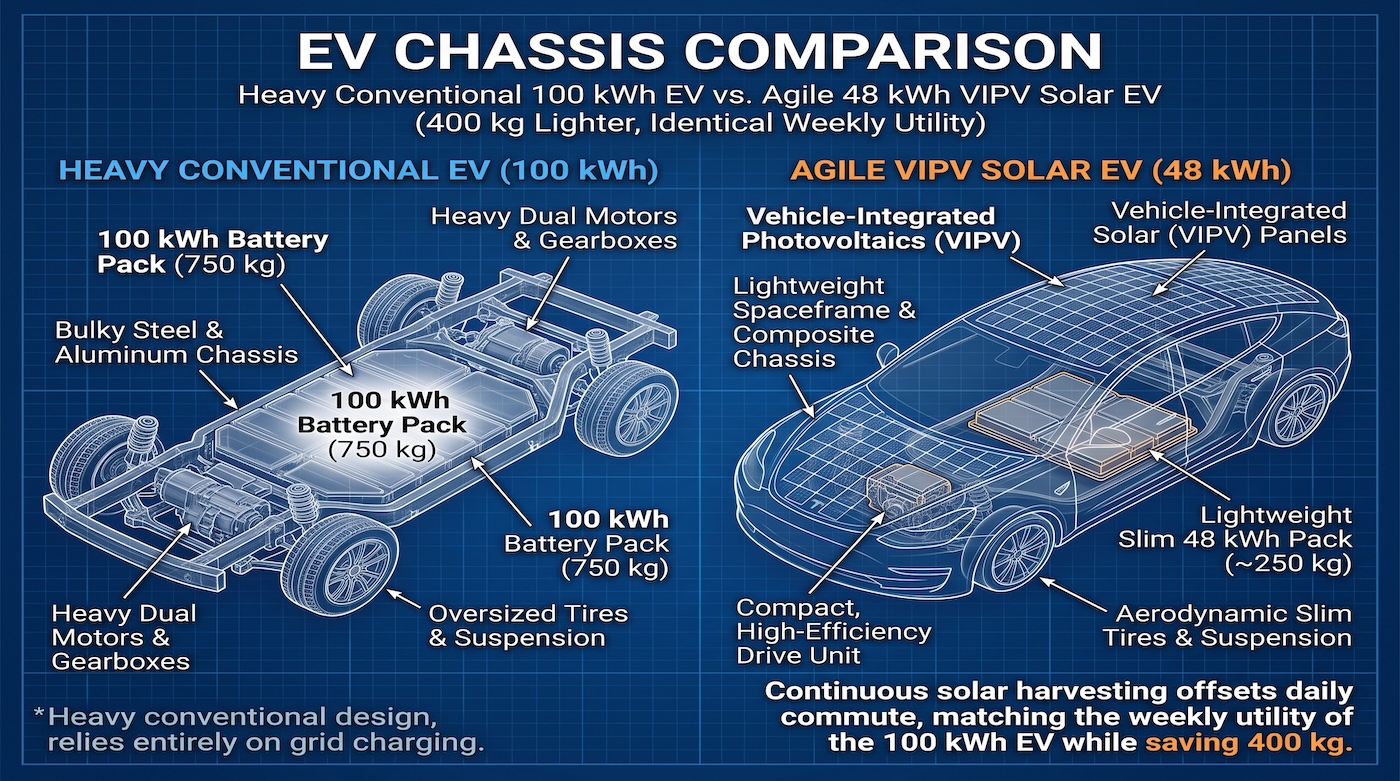 Chassis comparison between heavy large-battery EV and lightweight solar-roof EV