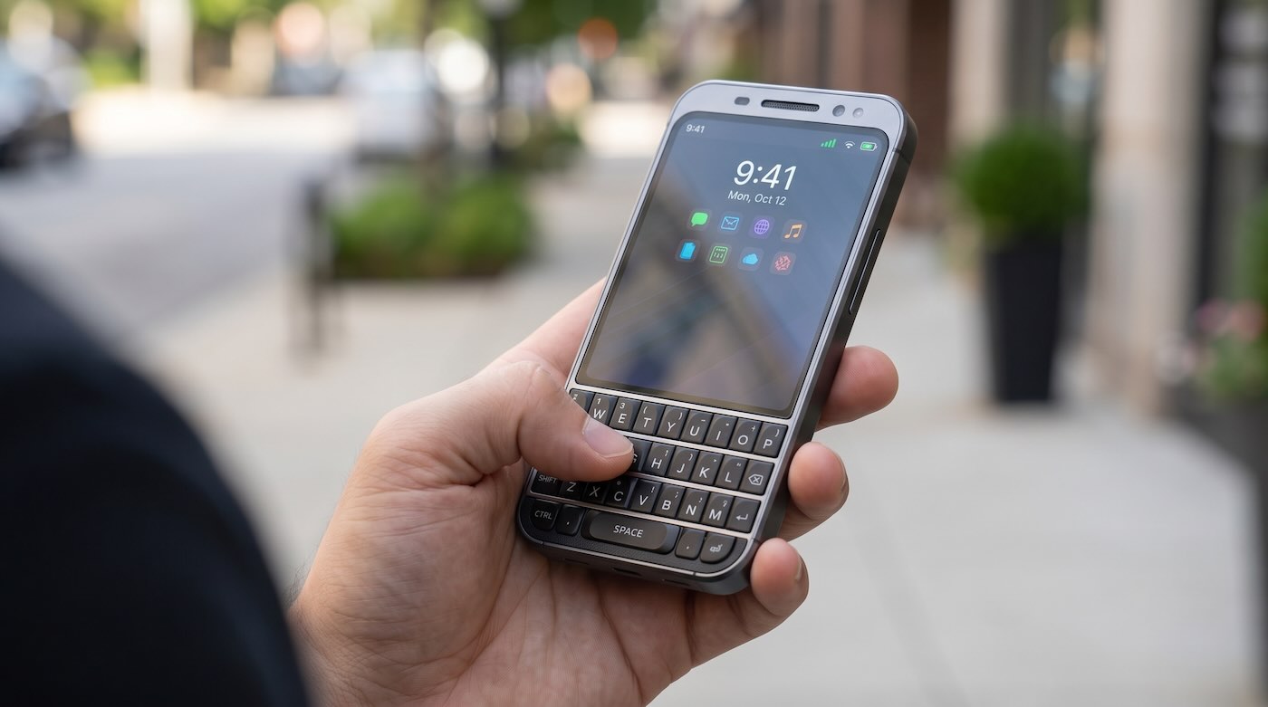 Concept illustration of the closed communicator with a portrait QWERTY keyboard below the screen