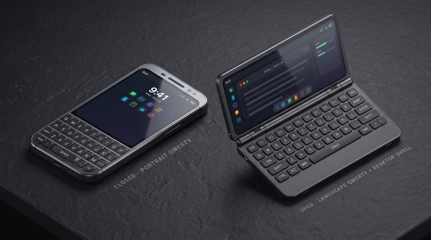 Concept art of a modern Android communicator: closed portrait QWERTY phone, open landscape keyboard with desktop shell, and external monitor