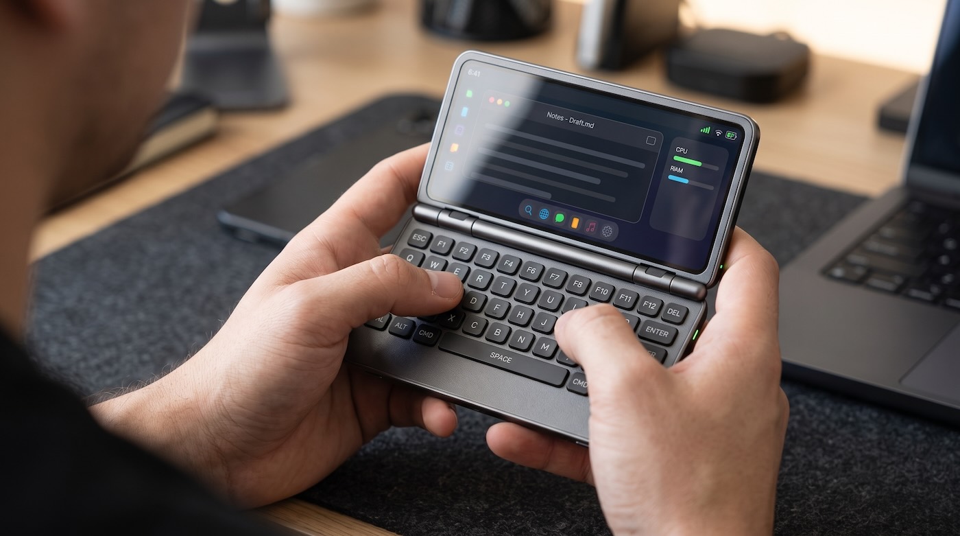 Concept illustration of the open communicator with a full landscape QWERTY keyboard and desktop-style Android interface