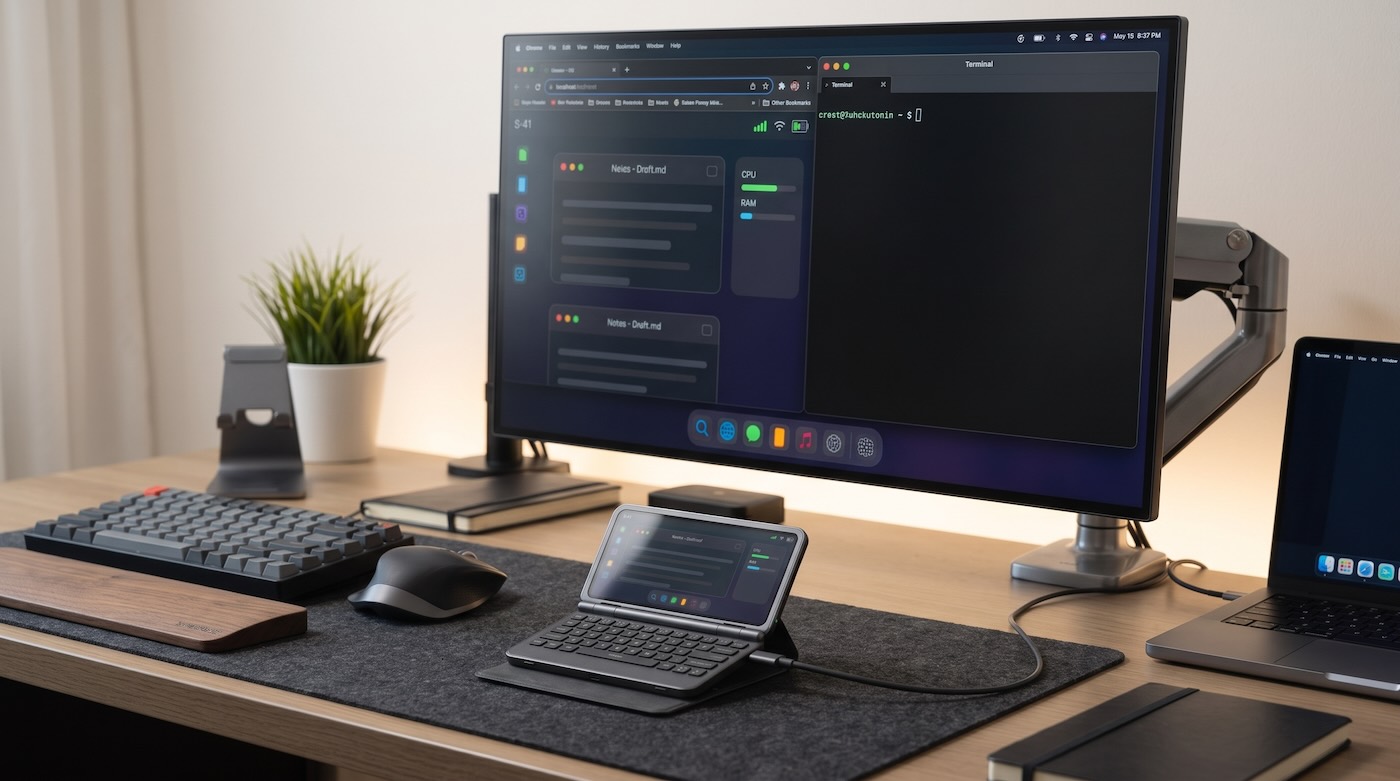 Concept illustration of the communicator connected to an external monitor with a Bluetooth keyboard and mouse on a desk