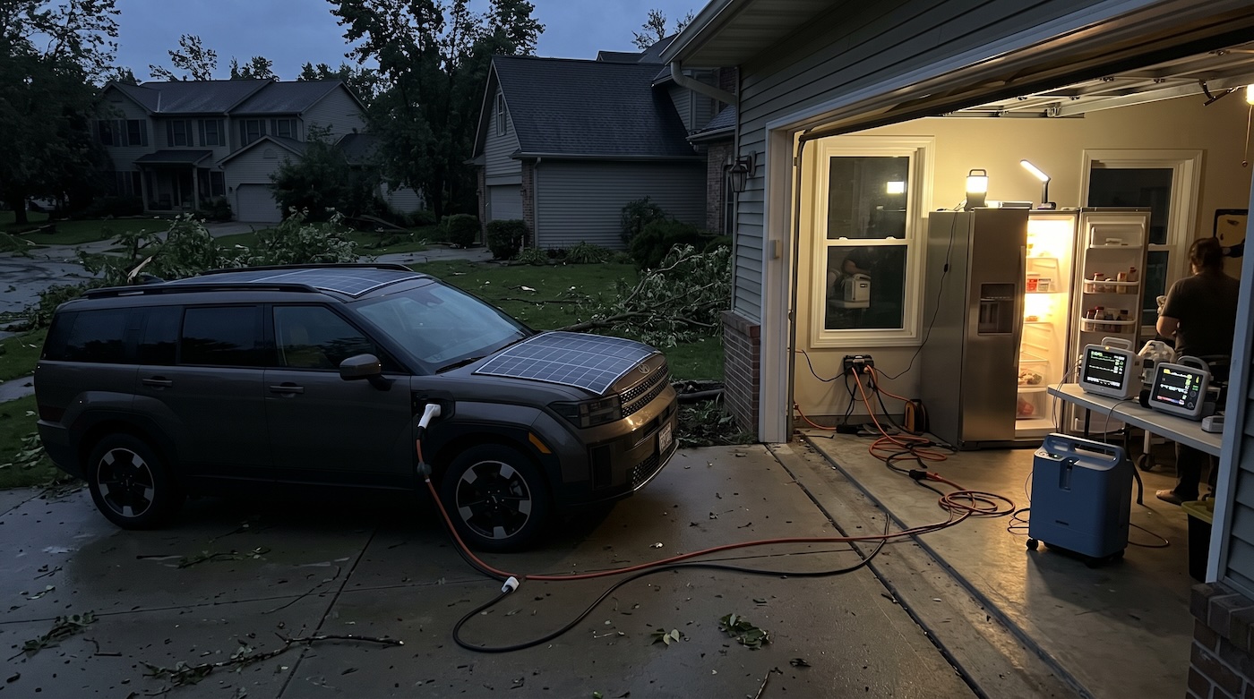 Solar EV supplying emergency power to a home during a municipal grid failure