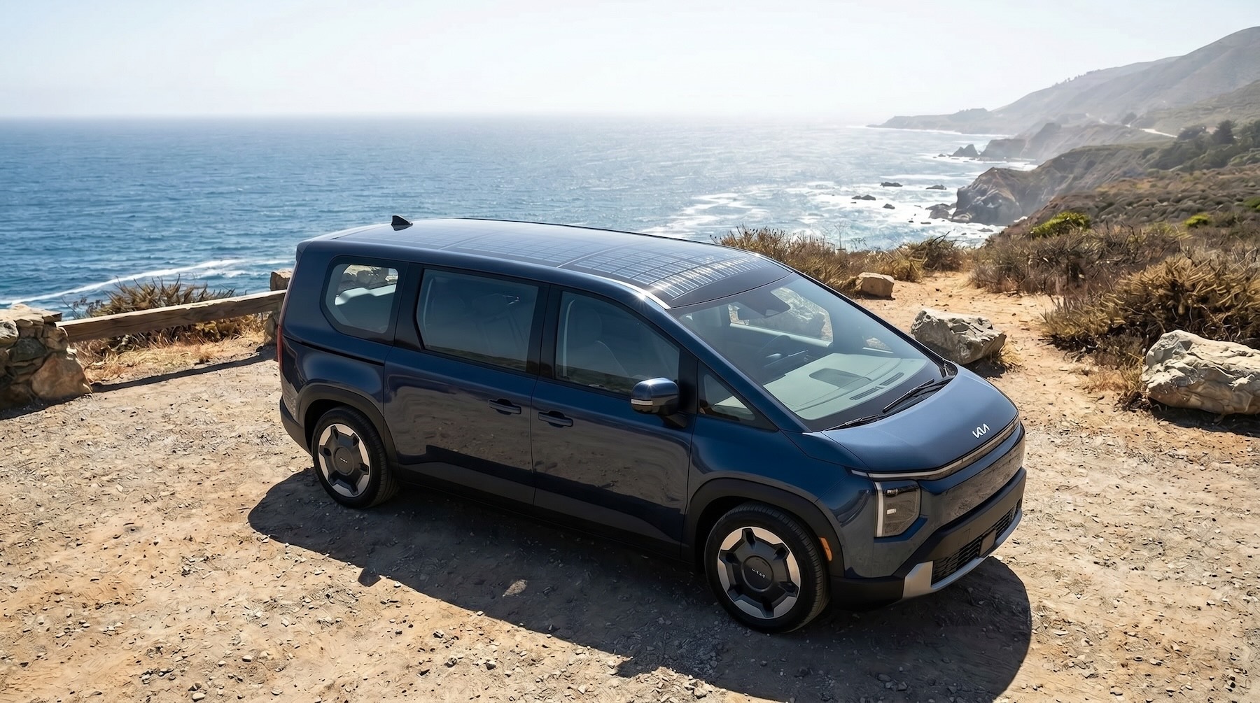 Electric vehicle with an integrated panoramic solar roof charging under direct sunlight