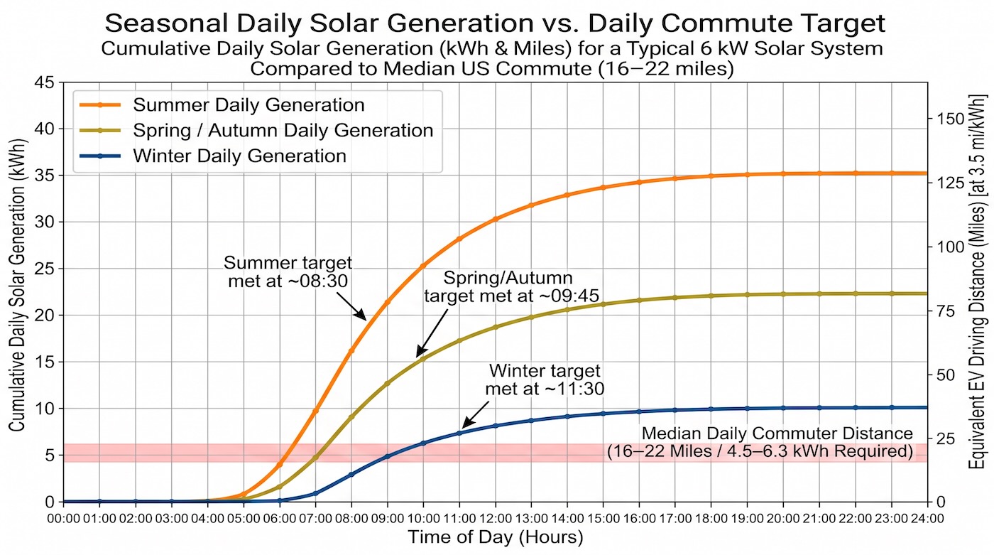 Daily solar energy harvest plotted against average daily commuter mileage