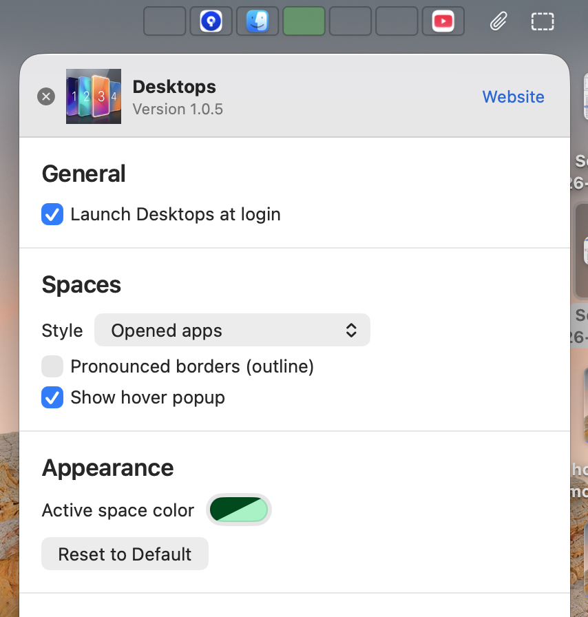 Desktops preferences window showing style picker, launch at login, and keyboard shortcut settings